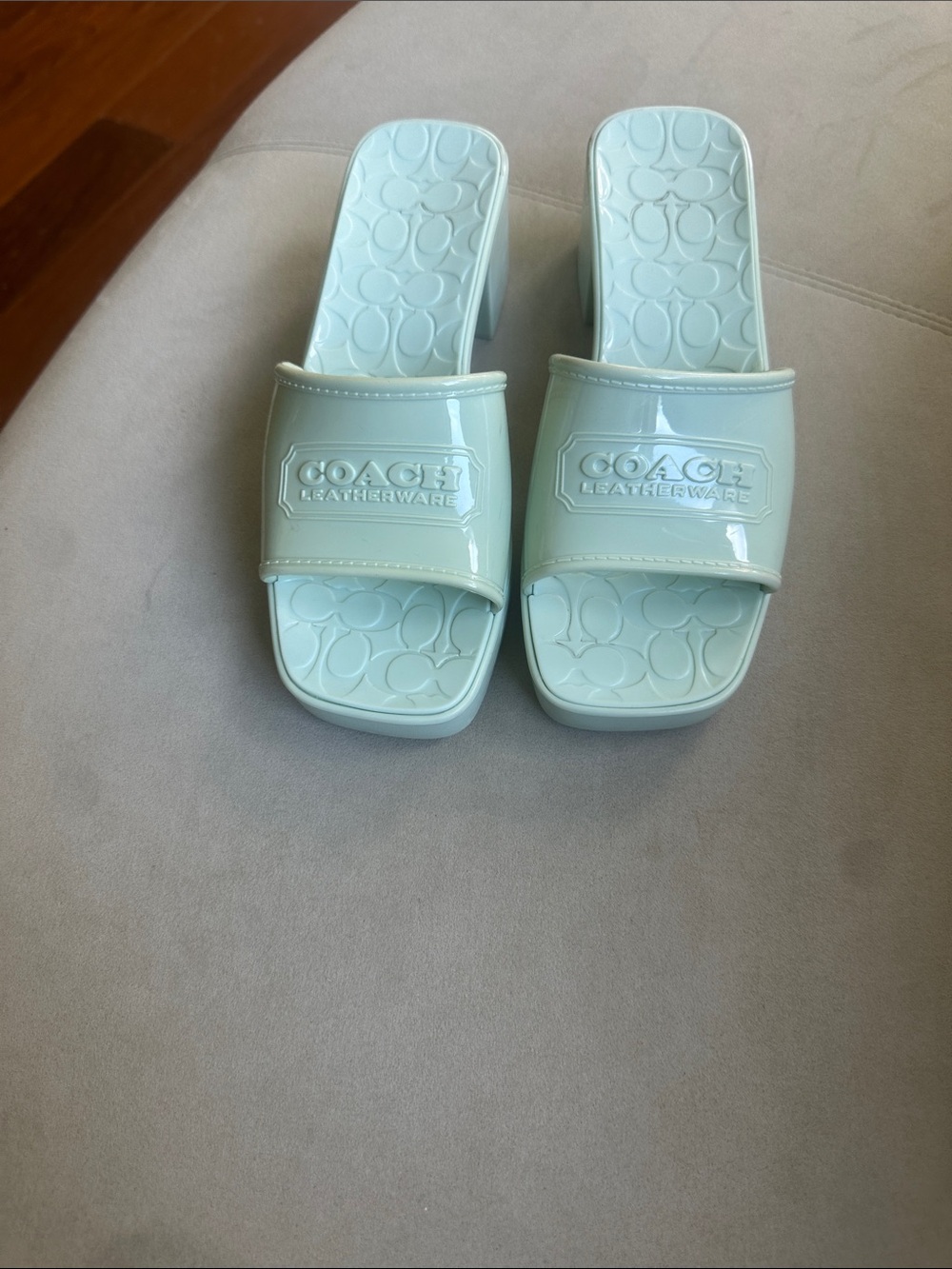 Coach Mint Green Patent Logo Slide Sandals